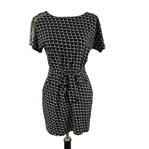 AX Armani Exchange Dress size 0 Black Ivory Gold Studs Stretch Dinner Cocktails - Picture 1 of 10